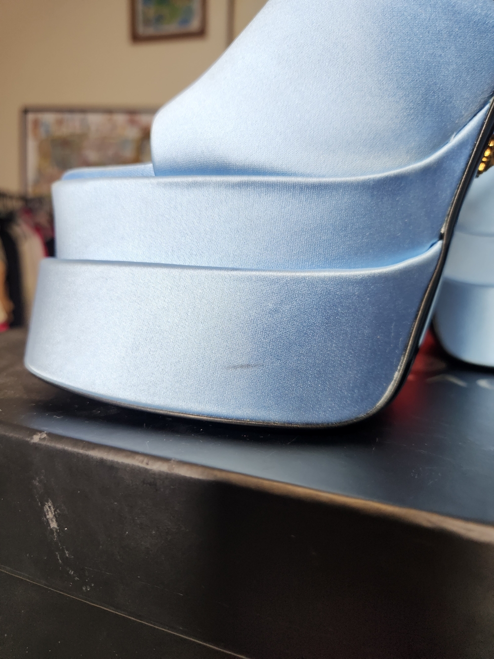 Versace Light Blue Satin Platform Sandals with Gold Medusa Charm - Picture 6 of 9